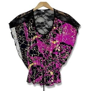 4/$20 Cleo Apparel Sheer Black Lace Back Dolman V-Neck Purple Top Small